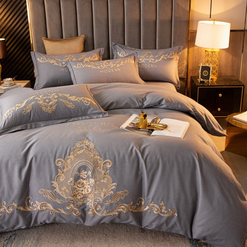 Grey Gold Baroque Modern Europe Embroidery Duvet Cover Set, Cotton Brushed Fabric Bedding Set