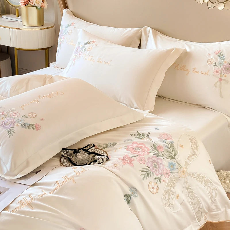 Vintage Chic Flowers Embroidery Cotton 400TC Long Staple Duvet Cover Bedding Set