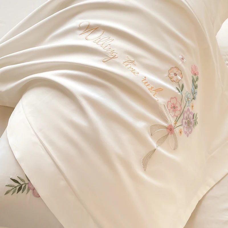 Vintage Chic Flowers Embroidery Cotton 400TC Long Staple Duvet Cover Bedding Set