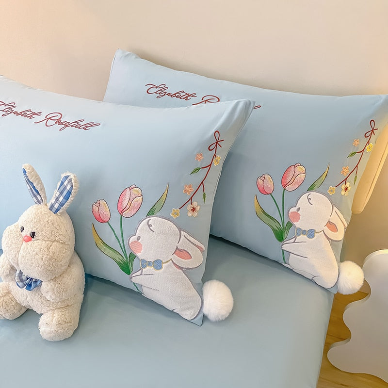 White Rabbit Tulip Cute Cartoon Girls Duvet Cover Set, 100% Cotton Bedding Set