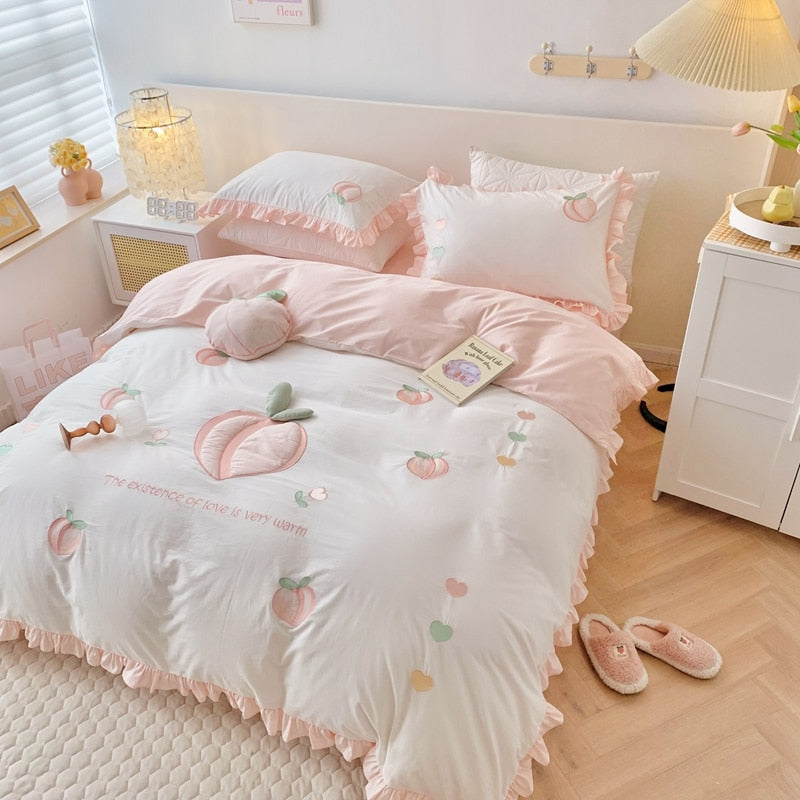 Premium Pink Cute Peach Embroidered Patchwork Duvet Cover, 100% Cotton Bedding Set