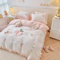 Thumbnail for Premium Pink Cute Peach Embroidered Patchwork Duvet Cover, 100% Cotton Bedding Set