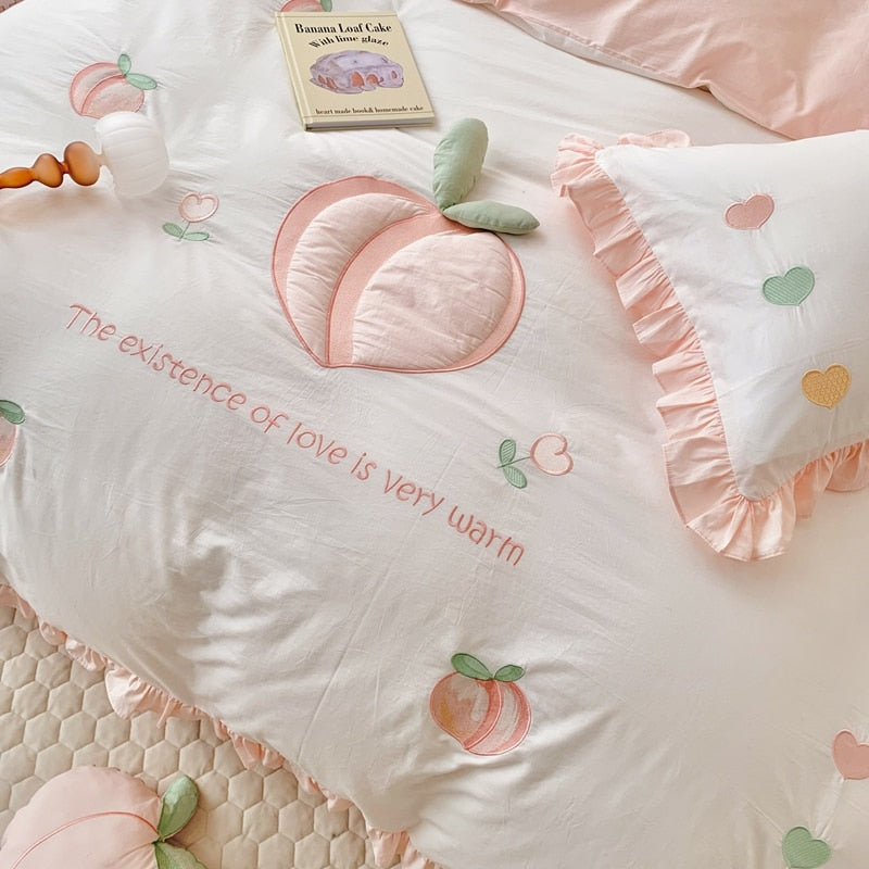 Premium Pink Cute Peach Embroidered Patchwork Duvet Cover, 100% Cotton Bedding Set