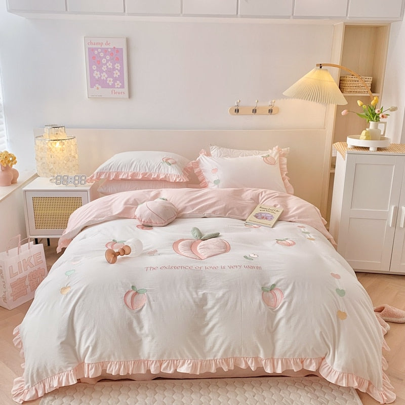 Premium Pink Cute Peach Embroidered Patchwork Duvet Cover, 100% Cotton Bedding Set