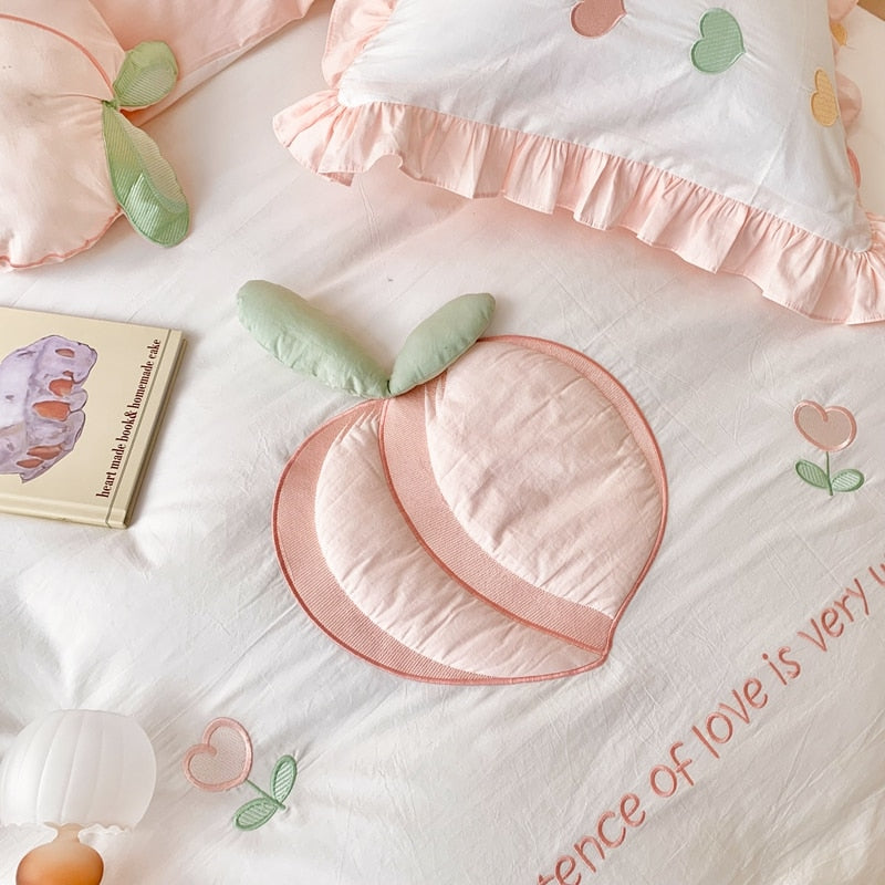 Premium Pink Cute Peach Embroidered Patchwork Duvet Cover, 100% Cotton Bedding Set