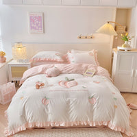 Thumbnail for Premium Pink Cute Peach Embroidered Patchwork Duvet Cover, 100% Cotton Bedding Set