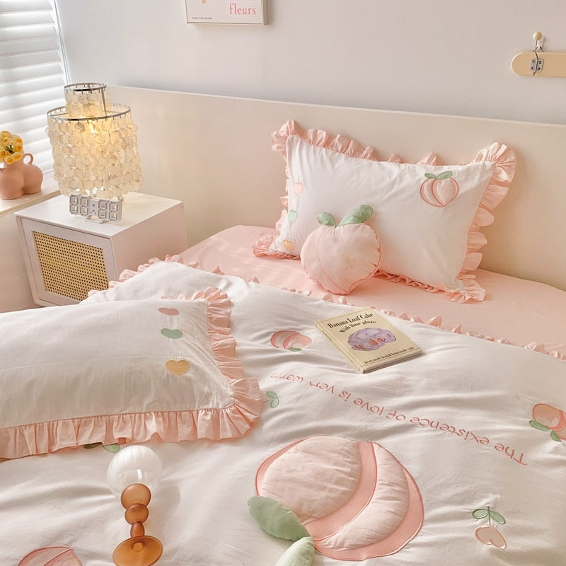 Premium Pink Cute Peach Embroidered Patchwork Duvet Cover, 100% Cotton Bedding Set