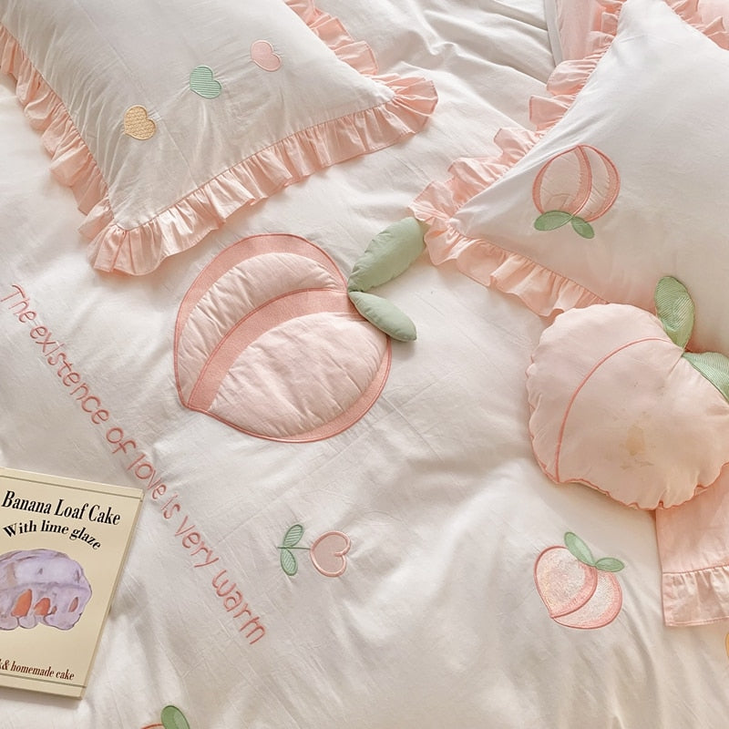 Premium Pink Cute Peach Embroidered Patchwork Duvet Cover, 100% Cotton Bedding Set