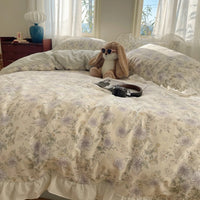 Thumbnail for Pink Green 100% Cotton French Pastoral Floral Printed Ruffles Bedding Duvet Cover Bedding Set