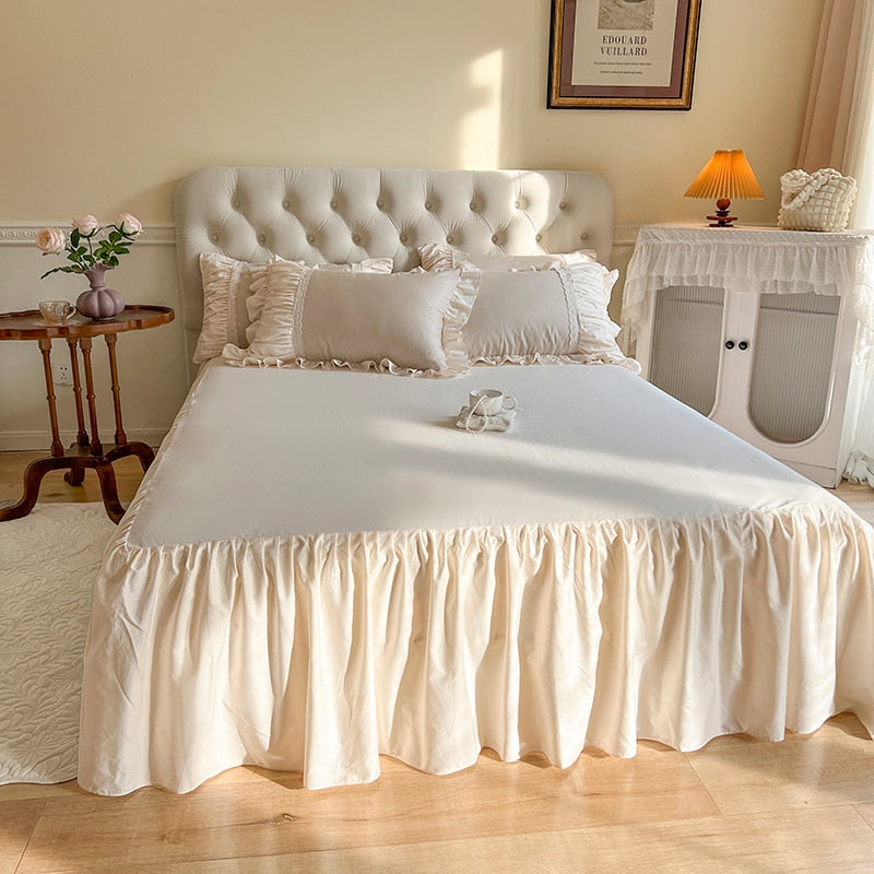 Classic French Princess Flower Embroidery Ruffle Girls Duvet Cover, 100% Cotton Bedding Set