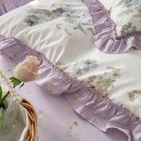 Thumbnail for Purple Pink French Vintage Floral Printing Ruffles Duvet Cover Set, 100% Cotton Bedding Set