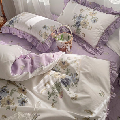 Purple Pink French Vintage Floral Printing Ruffles Duvet Cover Set, 100% Cotton Bedding Set