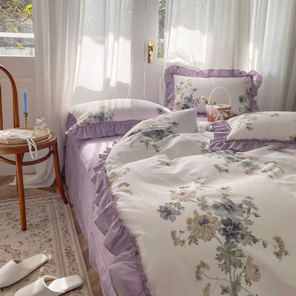 Purple Pink French Vintage Floral Printing Ruffles Duvet Cover Set, 100% Cotton Bedding Set