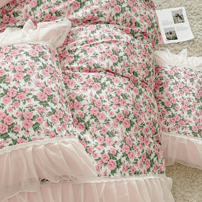Pink Rose Print Flower Korean Princess Patchwork Duvet Cover Set, 100% Cotton Bedding Set