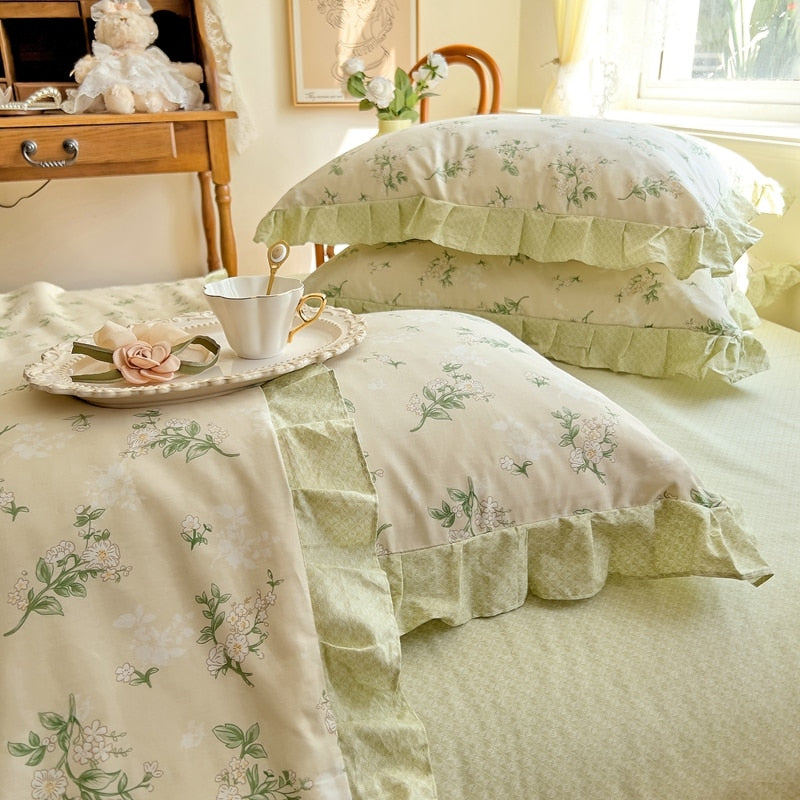 Green French Floral Ruffle Cotton Romantic Duvet Cover Bedding Set