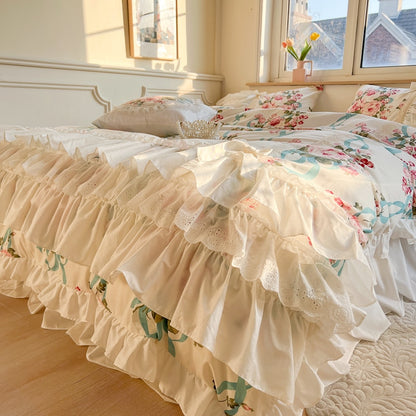 Korean Princess Wedding Lace Ruffles Flowers Duvet Cover Set, 100% Cotton Bedding Set