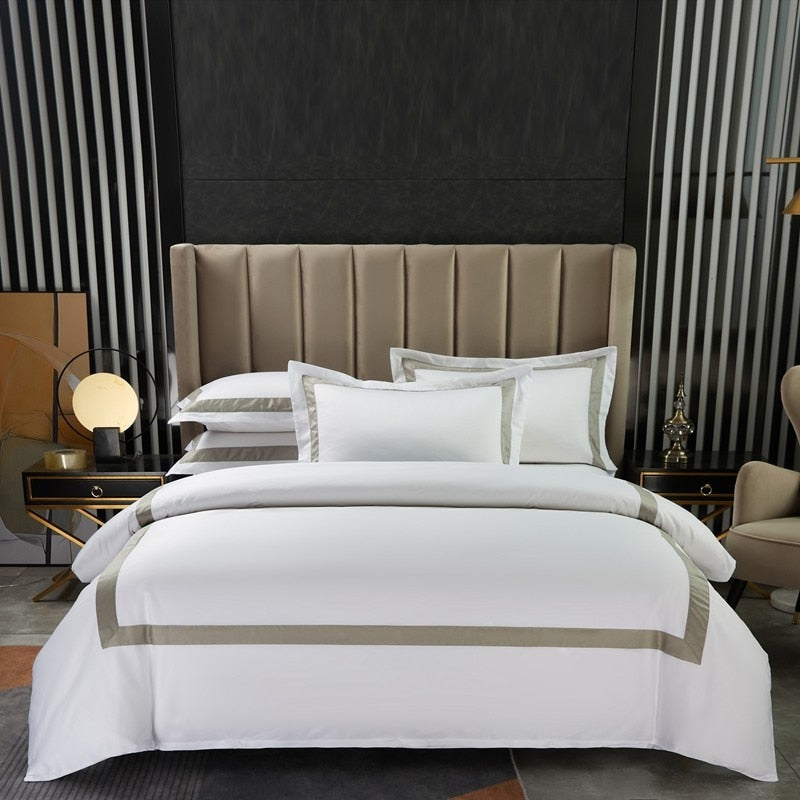 White Premium Long Striped Hotel Classic Frame Patchwork Duvet Cover Set, 100%Cotton 600TC Bedding Set
