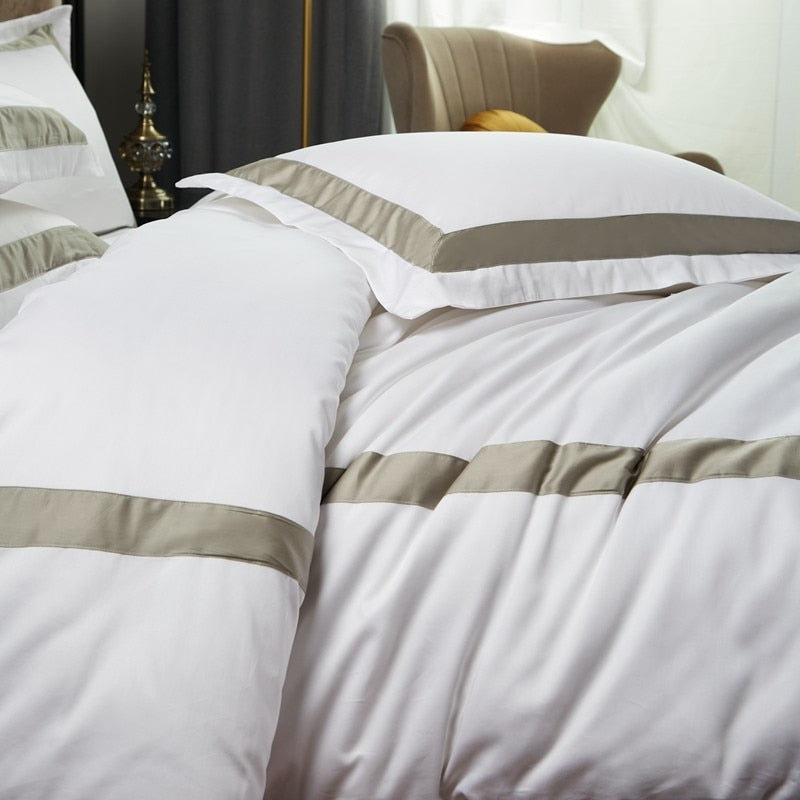 White Premium Long Striped Hotel Classic Frame Patchwork Duvet Cover Set, 100%Cotton 600TC Bedding Set