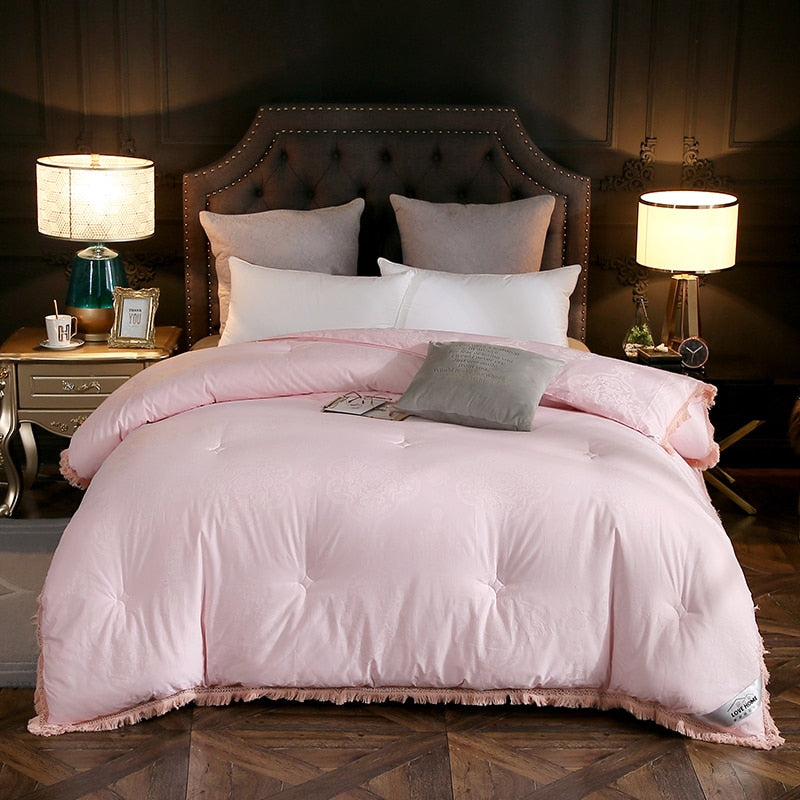 White Pink Quilted Down Comforter Cotton Filling Hypoallergenic 1 Pcs