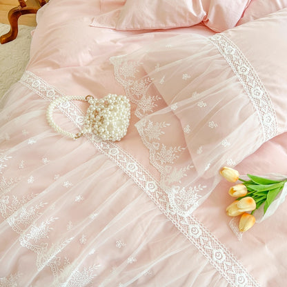 Pink White Romantic French Wedding Cotton Lace Ruffles Duvet Cover Bedding Set