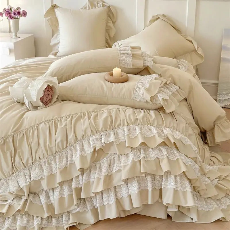 Romantic Europe Princess Cotton Pleat Ruffles Wedding Girl Bedding Set