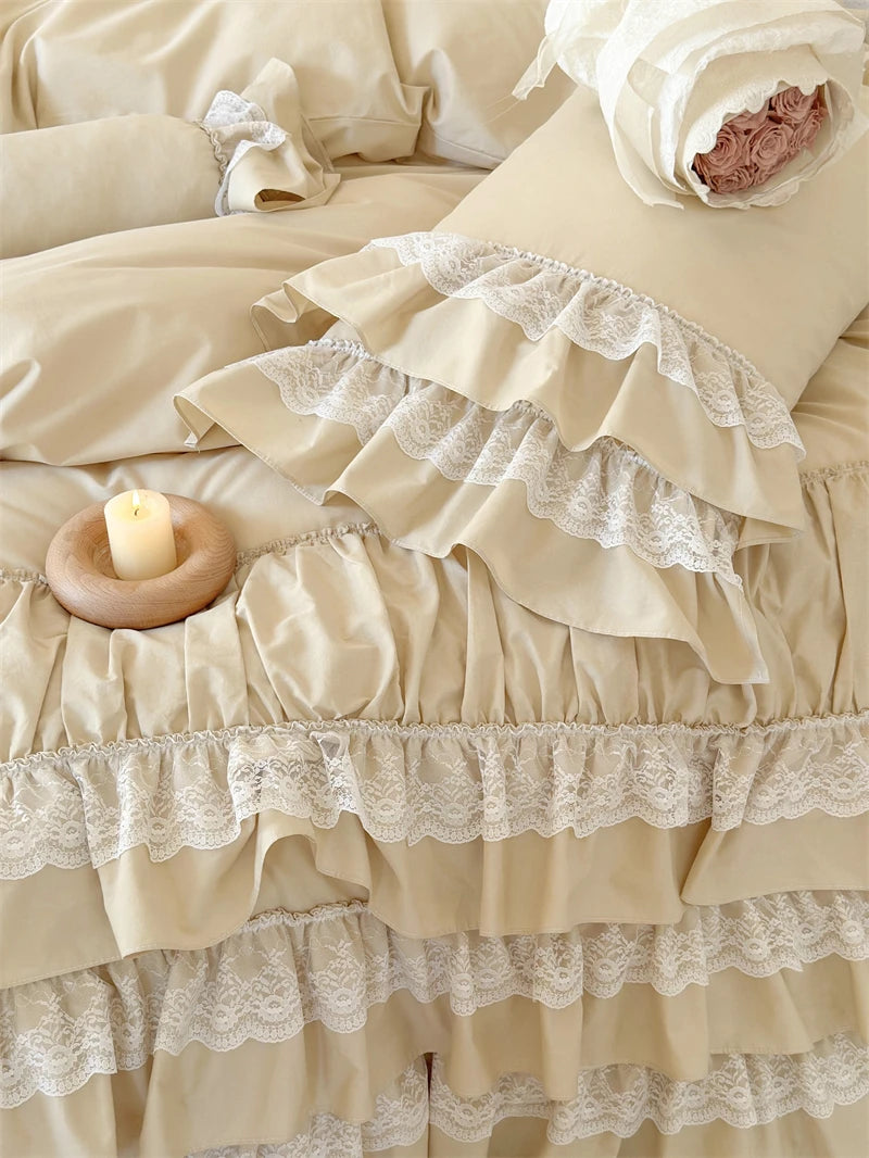 Romantic Europe Princess Cotton Pleat Ruffles Wedding Girl Bedding Set