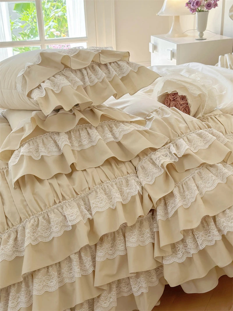 Romantic Europe Princess Cotton Pleat Ruffles Wedding Girl Bedding Set