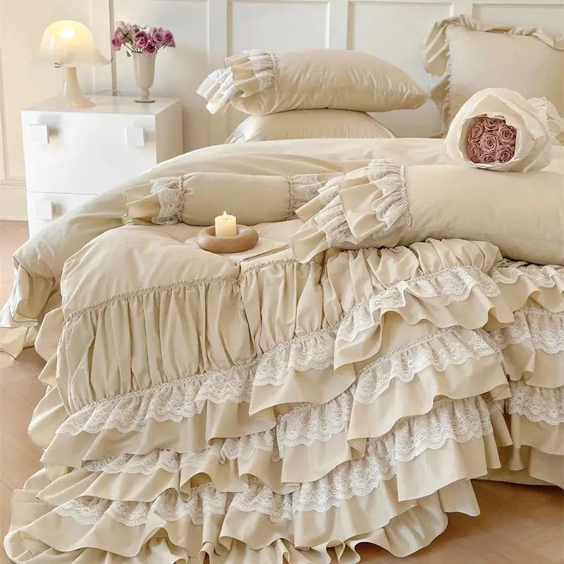 Romantic Europe Princess Cotton Pleat Ruffles Wedding Girl Bedding Set