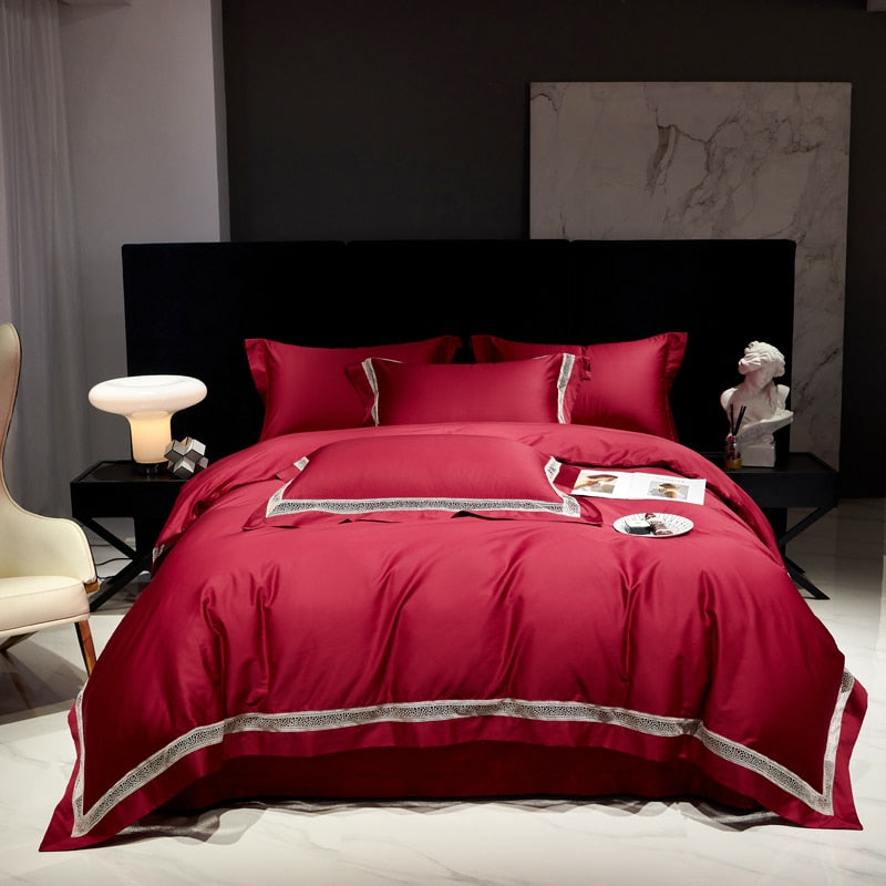 Red Burgundy Luxury Hotel Grade Hollow Lace Duvet Cover Set, Egyptian Cotton 1000TC Bedding Set