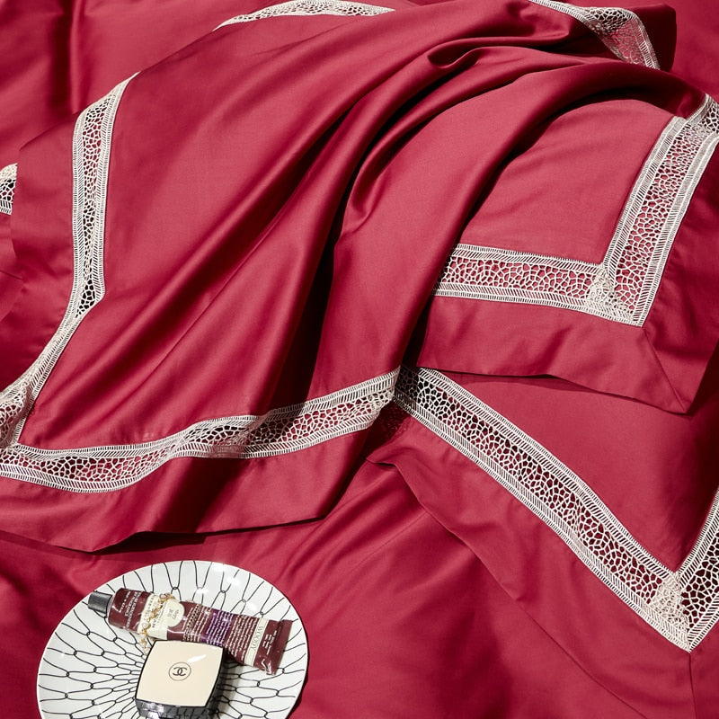 Red Burgundy Luxury Hotel Grade Hollow Lace Duvet Cover Set, Egyptian Cotton 1000TC Bedding Set