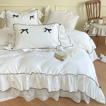 White Black French Princess Premium Ruffles Duvet Cover, Washed Cotton Bedding Set