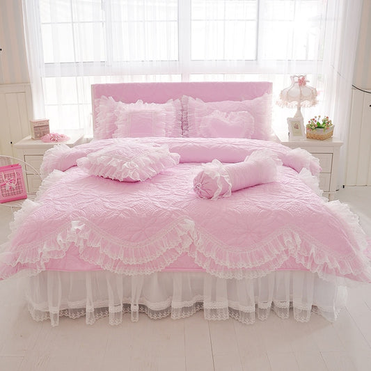 Pink Blue Purple Thick Lace Princess Girls Duvet Cover Set 100% Cotton Bedding Set