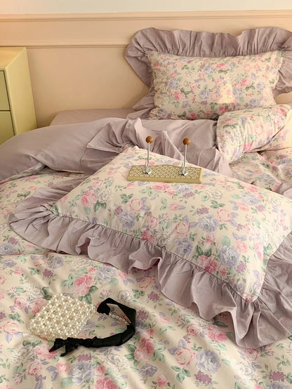 Rose Beauty Flower Printed 100% Cotton Vintage French Ruffles Duvet Cover Bedding Set