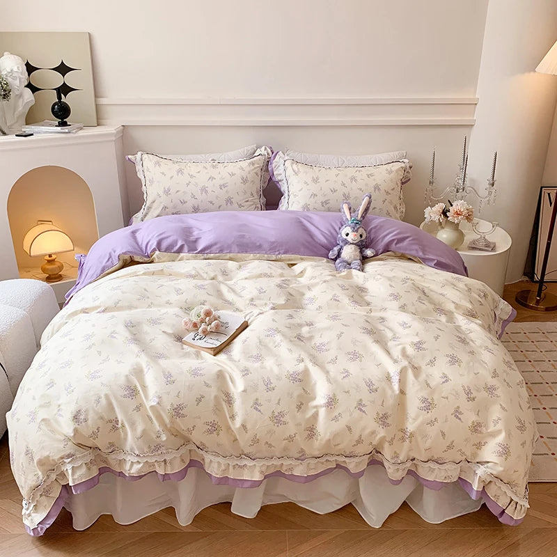 Pastel Pink Purple Vintage Lavender Floral Ruffles Girls Kids Duvet Cover Set, 100% Cotton Bedding Set