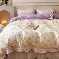Thumbnail for Pastel Pink Purple Vintage Lavender Floral Ruffles Girls Kids Duvet Cover Set, 100% Cotton Bedding Set