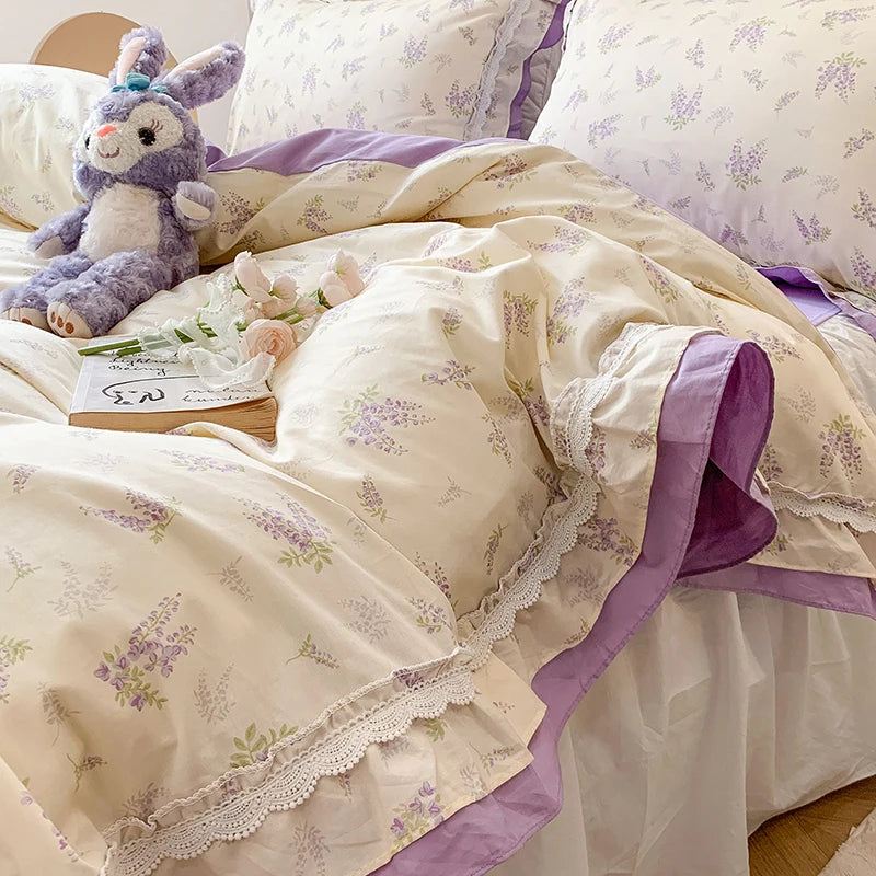 Pastel Pink Purple Vintage Lavender Floral Ruffles Girls Kids Duvet Cover Set, 100% Cotton Bedding Set