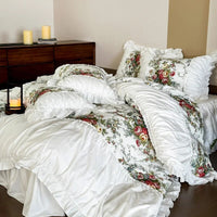 Thumbnail for White Vintage French Rose Flower Pleat Ruffle Patchwork Bed Skirt Duvet Cover, 100% Cotton Bedding Set