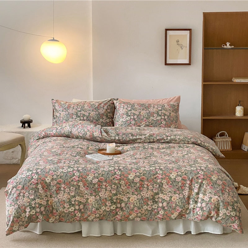 Vintage French Pastoral Flowers Garden Girl Duvet Cover Set, 100% Cotton Bedding Set