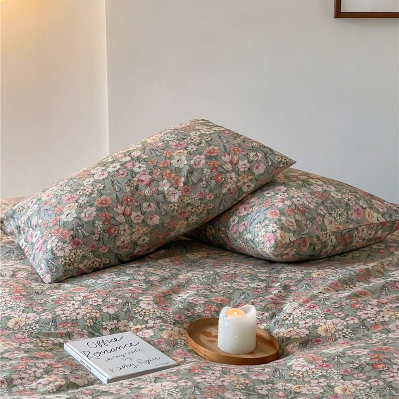 Vintage French Pastoral Flowers Garden Girl Duvet Cover Set, 100% Cotton Bedding Set