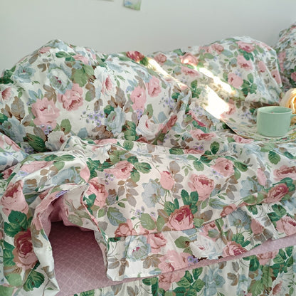 Green Pink Vintage Rose Floral Bed Skirt Oil Painting Ruffles Duvet Cover, 100% Cotton Bedding Set