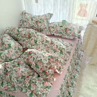 Thumbnail for Green Pink Vintage Rose Floral Bed Skirt Oil Painting Ruffles Duvet Cover, 100% Cotton Bedding Set