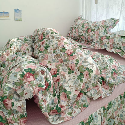 Green Pink Vintage Rose Floral Bed Skirt Oil Painting Ruffles Duvet Cover, 100% Cotton Bedding Set