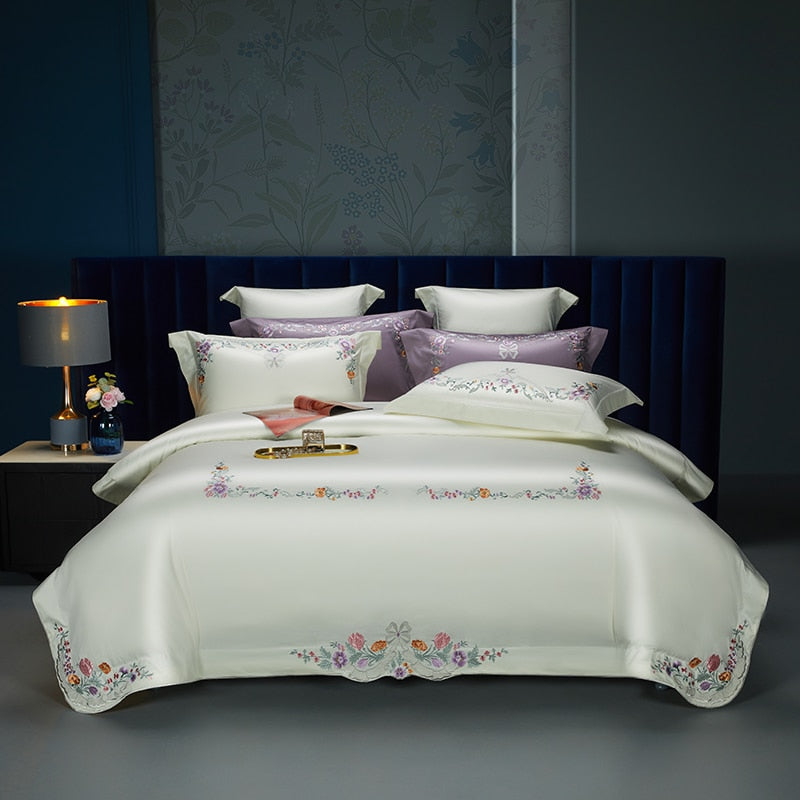 White Purple Flower Luxury Egyptian Cotton 600TC Duvet Cover Bedding Set
