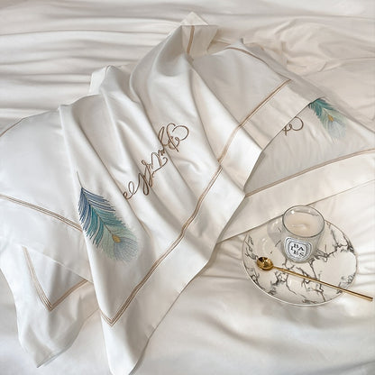 Luxury White Green Peacock Feather Embroidered European Duvet Cover Set, 100% Egyptian Cotton Bedding Set