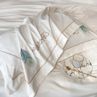Thumbnail for Luxury White Green Peacock Feather Embroidered European Duvet Cover Set, 100% Egyptian Cotton Bedding Set
