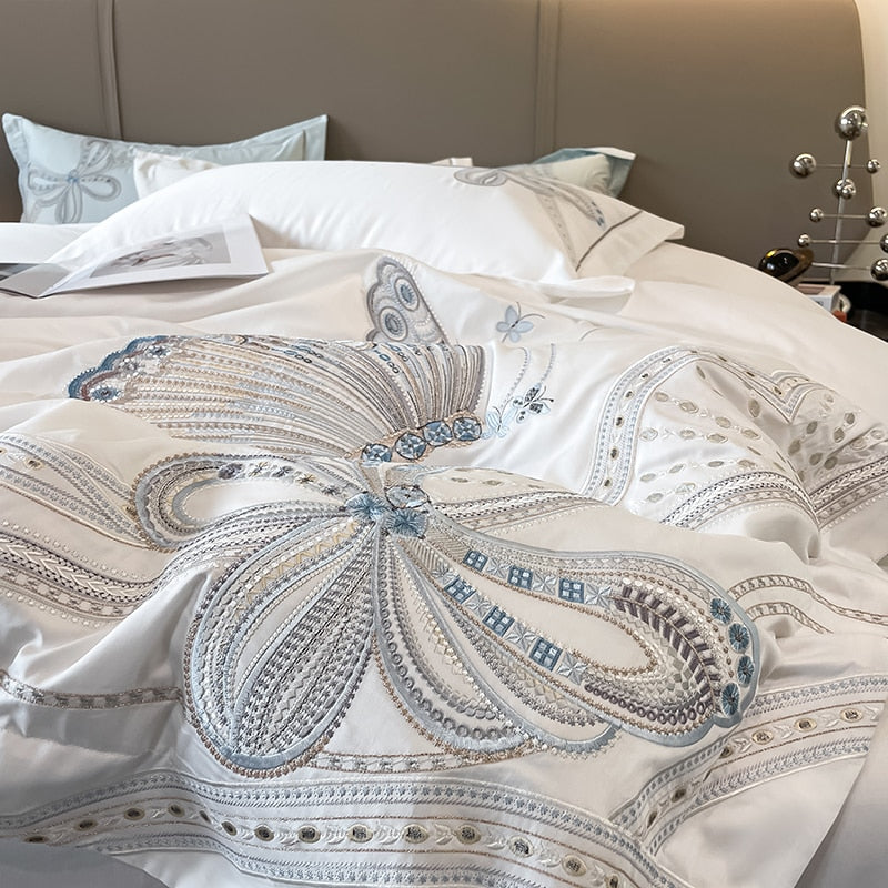 Premium White Burgundy Big Butterfly Wedding Duvet Cover Set, Egyptian Cotton Bedding Set