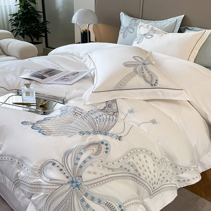 Premium White Burgundy Big Butterfly Wedding Duvet Cover Set, Egyptian Cotton Bedding Set