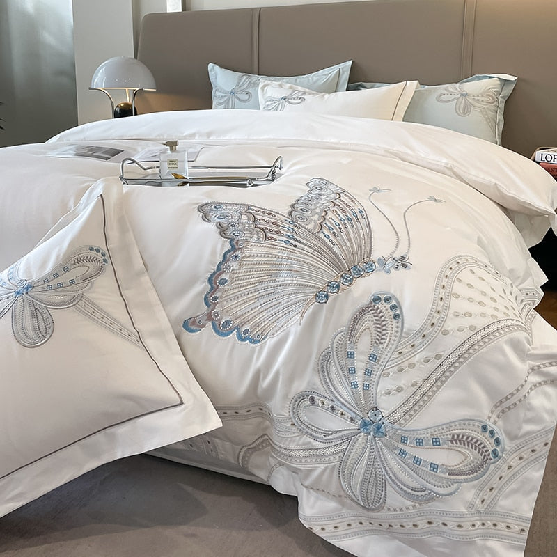 Premium White Burgundy Big Butterfly Wedding Duvet Cover Set, Egyptian Cotton Bedding Set