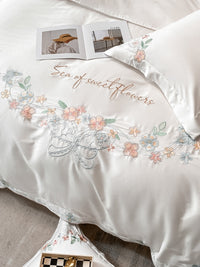 Thumbnail for White Pink Butterfly Elegant Floral Family Duvet Cover Set, Egyptian Cotton Bedding Set