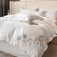 Thumbnail for White Pink Butterfly Elegant Floral Family Duvet Cover Set, Egyptian Cotton Bedding Set